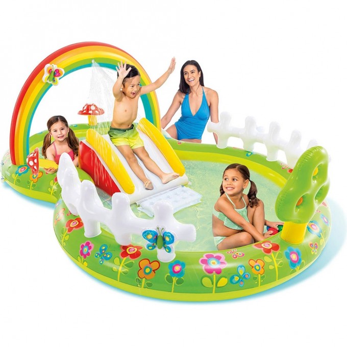 Игровой центр INTEX МОЦ СКЛАД 290х180х104см с разбрызгивателем, горкой и игрушками, 450л, до 54кг, от 2 лет 57154